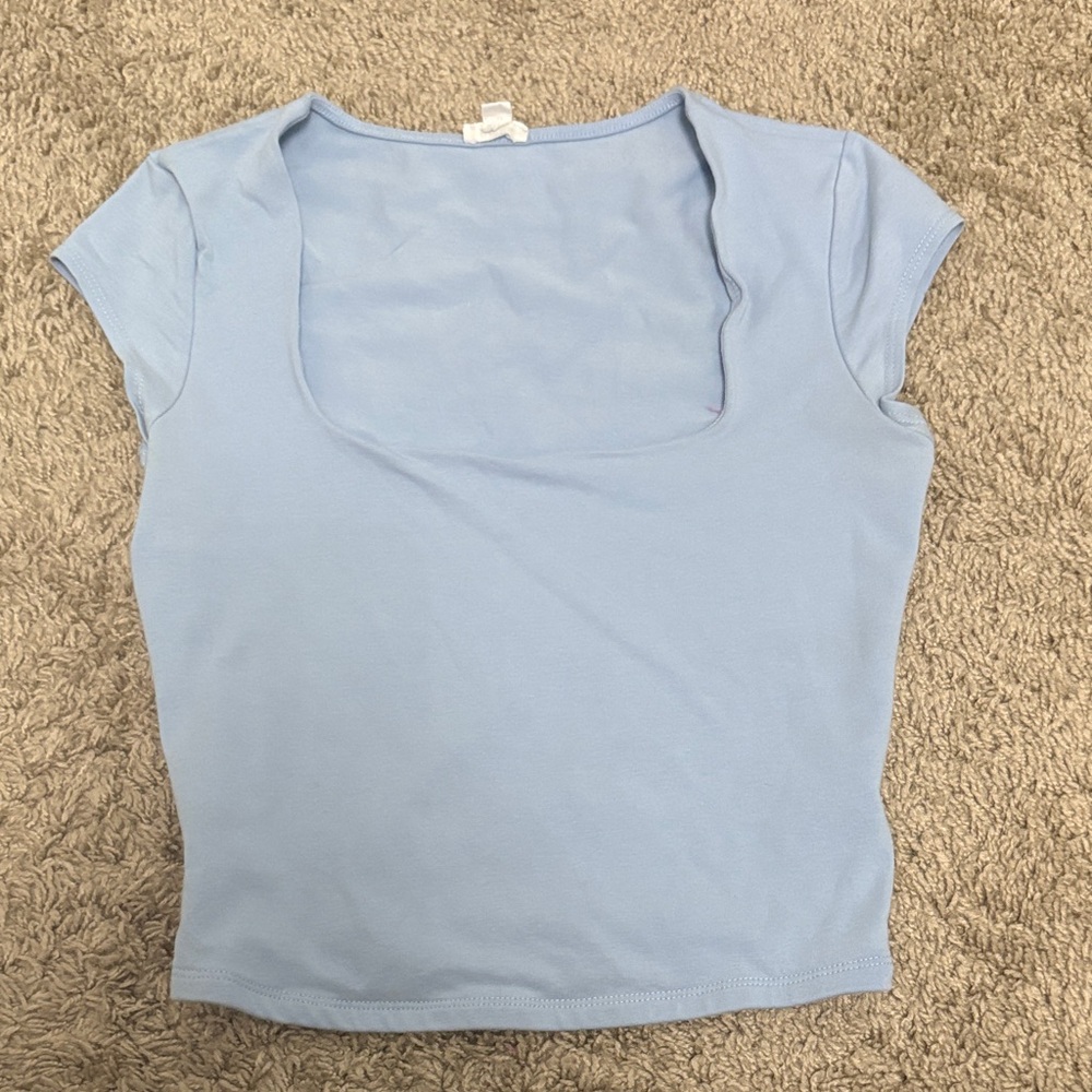 Garage Light Blue Open Neck Tee Short Sleeve Top